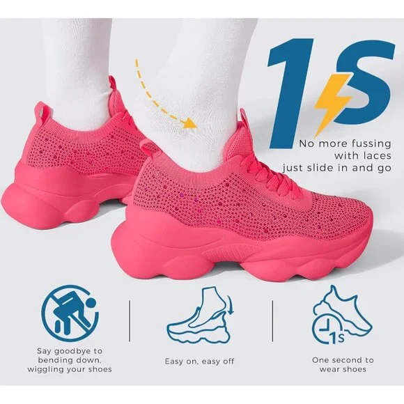 Lucky Step Women's Pink Rhinestone Sneaker Chunky Sparkly Bling Mesh Slip on - Picture 7 of 9